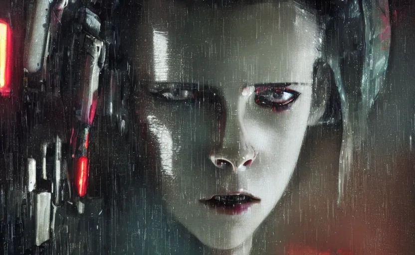 Prompt: detailed film still of portrait neon operator lady kristen stewart in the movie blade runner, messy ponytail, cyberpunk futuristic, neon, reflective puffy coat, decorated with traditional japanese by ismail inceoglu dragan bibin hans thoma greg rutkowski alexandros pyromallis nekro, illustrated, perfect face, fine details, realistic shaded, fine - face, pretty face