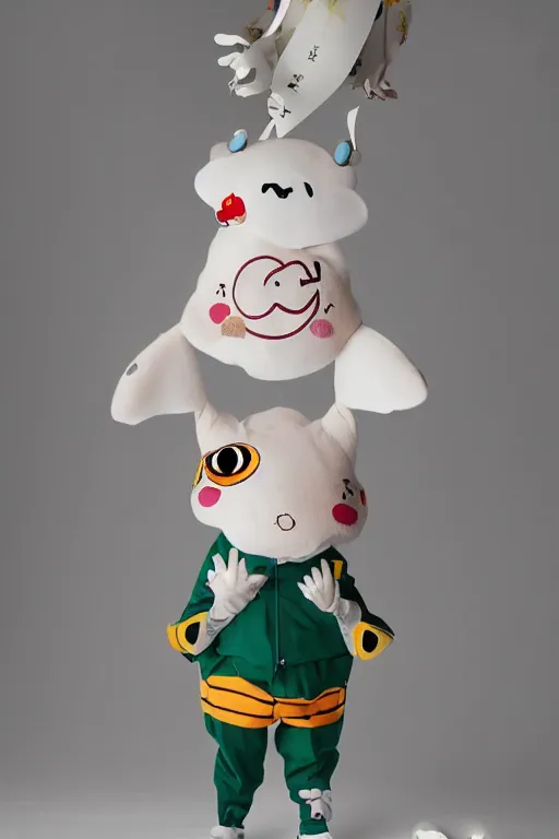 Image similar to 35mm of a very cute, minimal, adorable and creative Japanese mascot character costume, full body and head view, very magical and dreamy, designed by Gucci,kawaii, magical details