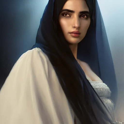 Image similar to a Photorealistic dramatic hyperrealistic render of an arab ameera al taweel, blue eyes, wavy black hair, white veil,by WLOP,Artgerm,Greg Rutkowski,Alphonse Mucha, Beautiful dynamic dramatic dark moody lighting,shadows,cinematic atmosphere,Artstation,concept design art,Octane render,8K