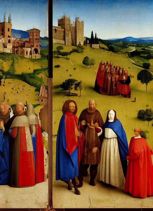 Image similar to Medici family in Tuscany by Jan van Eyck, Hieronymus Bosch, Johannes Vermeer 4k post-processing, highly detailed medieval painting