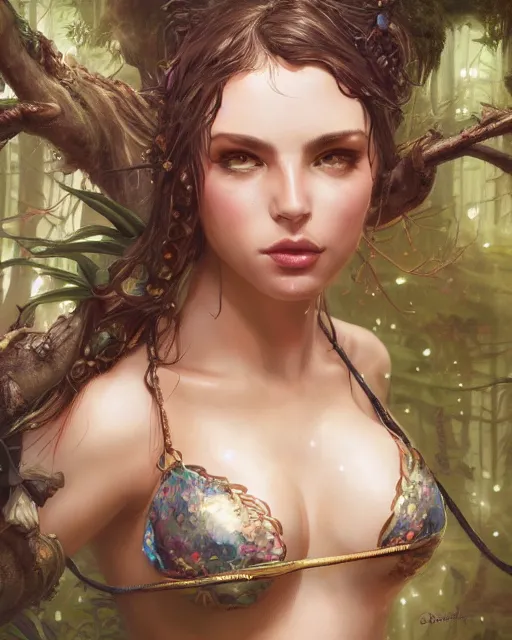 Image similar to A beautiful maid wearing a magical bikini posing in a magical forest, beautiful face, highly detailed face, close-up, fantasy art, in the style of greg rutkowski, illustration, epic, fantasy, intricate, hyper detailed, artstation, concept art, smooth, sharp focus