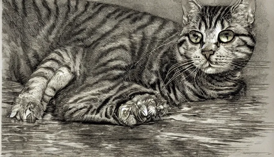 Image similar to bernie wrightson tabby cat morphed with alligator swimming pool sepia tone