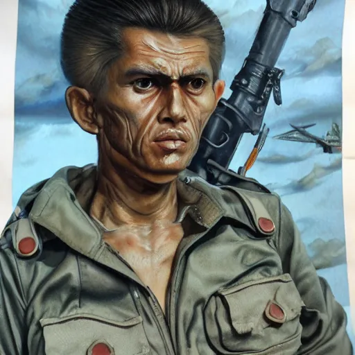 Prompt: detailed details photorealistic kawachi tesshou from the front of armament in the style of bob peak and alex ross, gouache and wash paints color, detailed details facial and body and human and environments and proportionate, detailed 5 k details.