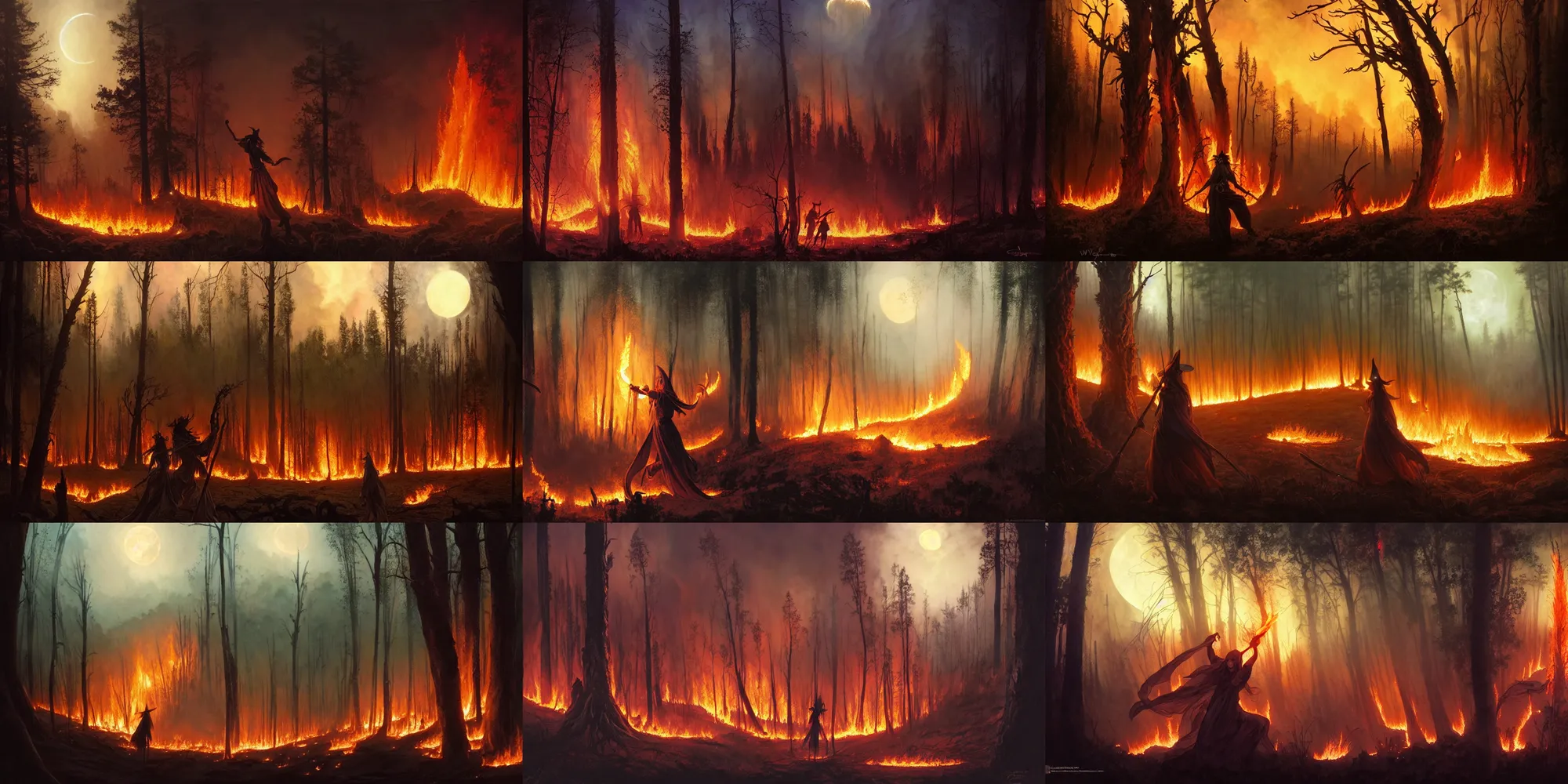 Image similar to sorcerer witch spectacular magic battle fire fight scene, large wildfire engulfing forest, large light magic collision, fantasy, night time, intricate, sharp focus, dark light, volumetric fog, moon rim light, illustration, highly detailed, digital painting, concept art, matte, art by wlop and artgerm and greg rutkowski and alphonse mucha, masterpiece, 8 k