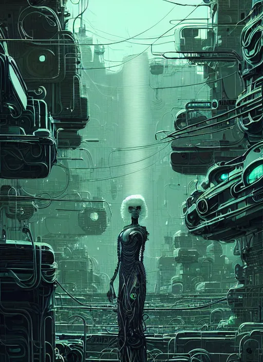 Prompt: highly detailed portrait of a biopunk long curly white hair tribal lady, stray wiring by atey ghailan, james gilleard, by joe fenton, by greg rutkowski, by greg tocchini, by kaethe butcher, 4 k resolution, gradient green, black and white color scheme!!! ( ( irradiated robotic dystopian city background ) )