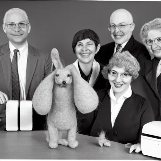 Image similar to a happy accounting firm staffed by different types of hyper-realistic felted toy mice, with a xerox machine, computers, kitchenette and conferenceroom, with a small black woolly terrier dog as the manager, colourful, playful, miniature