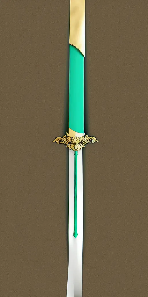 Image similar to photograph of a wide green and teal crystal sword blade attached to a big gold sword hilt