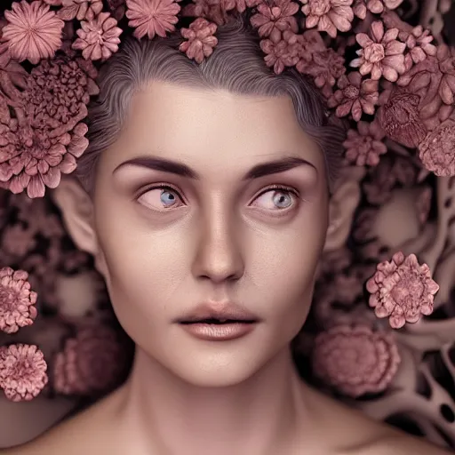 Image similar to beatifull frontal face portrait of a woman, 150 mm, anatomical, flesh, flowers, mandelbrot fractal, facial muscles, veins, arteries, symmetric, intricate, golden ratio, full frame, microscopic, elegant, highly detailed, ornate, ornament, sculpture, elegant , luxury, beautifully lit, ray trace, octane render in the style of peter Gric , alex grey and Romero Ressendi