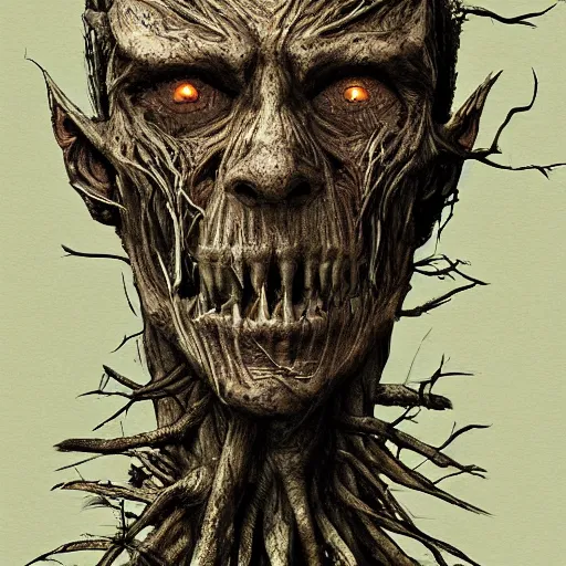 Image similar to detailed concept art of a scary humanoid creature made of roots and mud