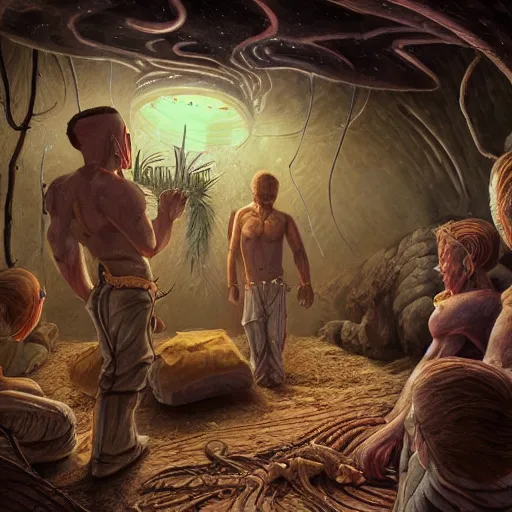 Image similar to primitive extraterrestrial villagers caring for injured human at bedside, inside primitive hut, cinematic, worm's eye view, dramatic lighting, illustration, ron cobb, mike mignogna, science fiction, detailed painting, high detail, rough paper