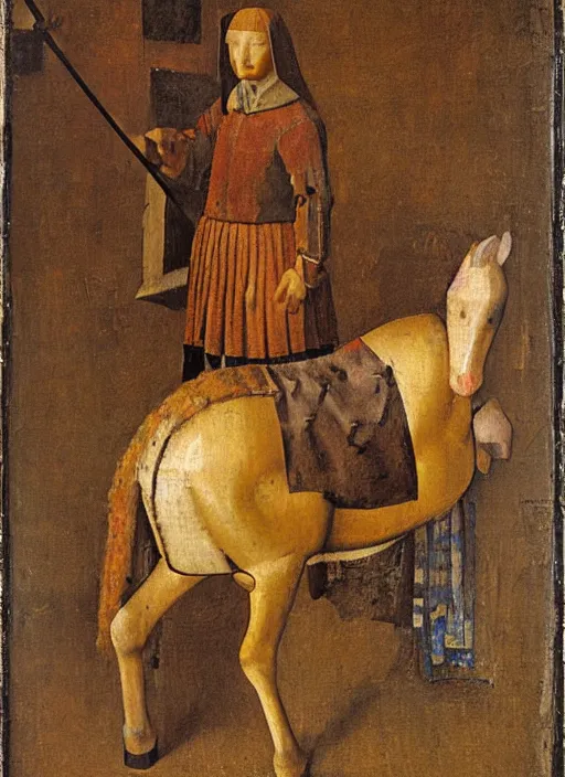 Image similar to wooden horse toy, medieval painting by jan van eyck, johannes vermeer, florence