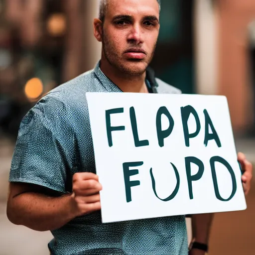 Image similar to man holding a sign that says “ floppa ”, studio light