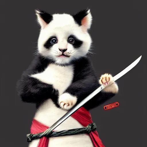Prompt: cute kitten with panda body and cat face, in a kimono, holds a sword, by greg rutkowski, highly detailed, sharp focus, photo taken by nikon, 4 k