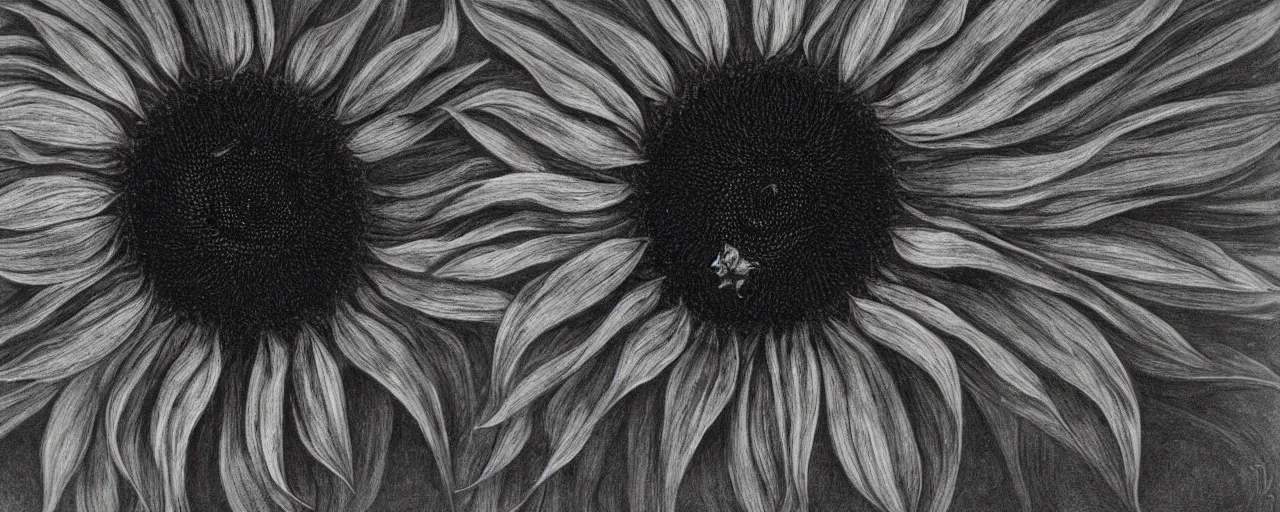 Image similar to a black and white sunflower, black minimalistic background, by Beksinski