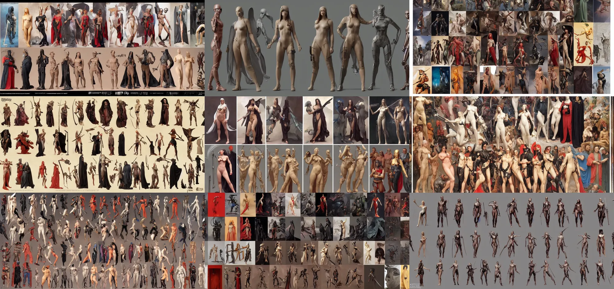 Prompt: character turnaround sheets, hot toys, badass female cyberpunk, by thomas blackshear and hieronymus bosch, by bouguereau and piero della francesca, zabrocki, karlkka, jayison devadas, ultra wide angle