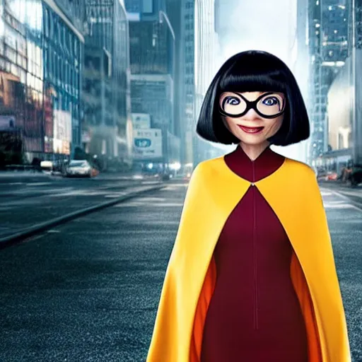 Prompt: a still of Edna Mode wearing a cape and looking upset about it, Pixar (2018)