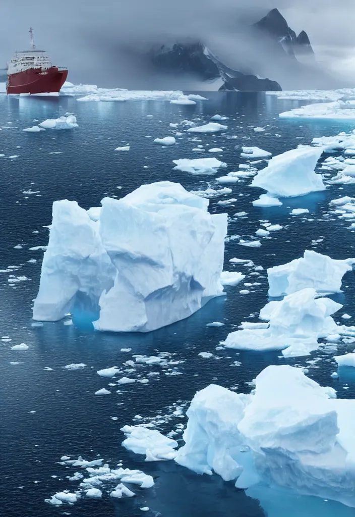 Image similar to ship being persecuted by a police ship over raging turbulent waters in antartica, icebergs in the background, hyper realistic, highly detailed, apocalyptic, intimidating lighting, raytracing, sharp focus, smooth, dramatic action scene