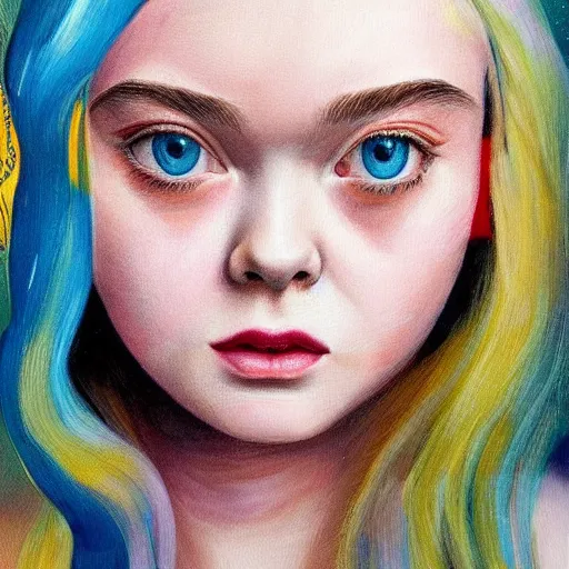 Prompt: professional painting of Elle Fanning in the style of Hikari Shimoda, head and shoulders portrait, symmetrical facial features, smooth, sharp focus, illustration, intricate, stormy weather, extremely detailed masterpiece,