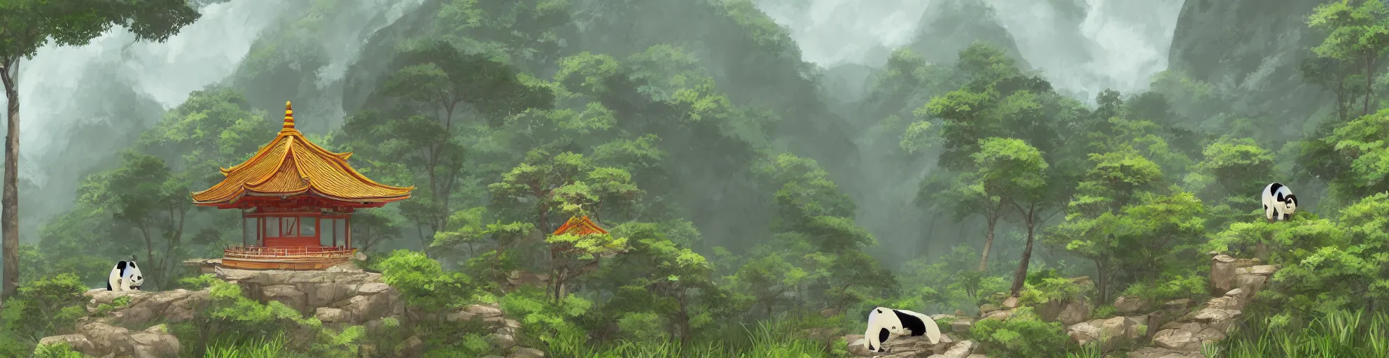 Image similar to one pagoda with a path surrounded by mountains, stormy weather. Pandas in a bamboo forest. Makoto Shinkai, anime, trending on ArtStation, digital art.