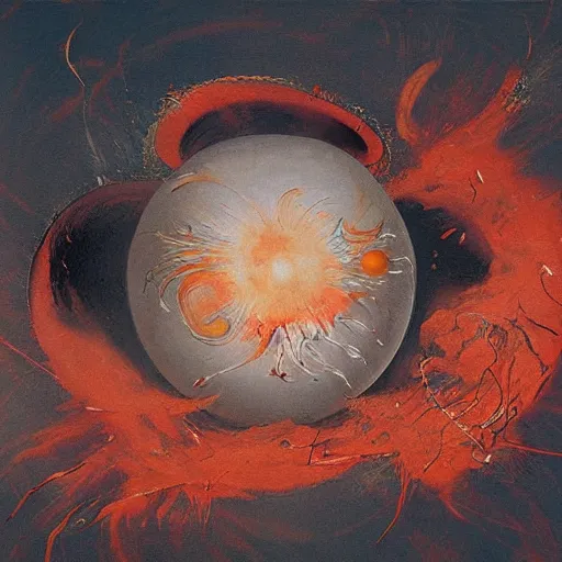 Image similar to a sphere being devoured by abstract splatters of paint in the style of francis bacon, venus being engulfed in flames in the style of james jean, surreal, beksinski, high detailed