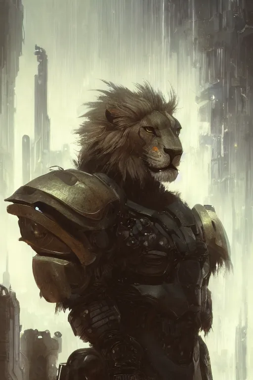 Image similar to portrait male anthro lion character full body precis no blur, concept art, character sheet, nier automata, gaston bussiere, greg rutkowski, tsutomu nihei, cyberpunk, trending on artstation, featured on pixiv, hyper detail, cinematic composition, 8 k