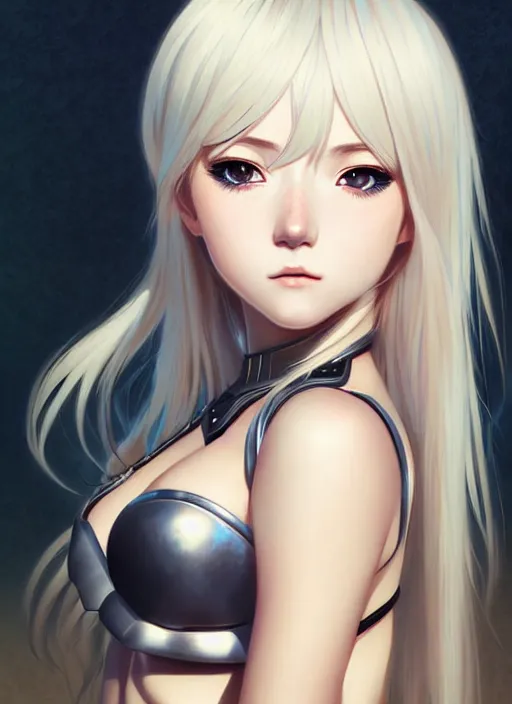 Image similar to portrait Anime girl in bikini armor, cute-fine-face, white-hair pretty face, realistic shaded Perfect face, fine details. Anime. realistic shaded lighting by Ilya Kuvshinov and ((((Gustav Klimt))))