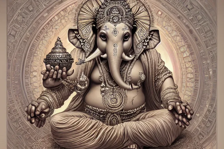 Image similar to rhodium ganesha, mandala, fantasy, intricate, elegant, highly detailed, digital painting, artstation, concept art, matte, sharp focus, illustration, art by artgerm and greg rutkowski and alphonse mucha