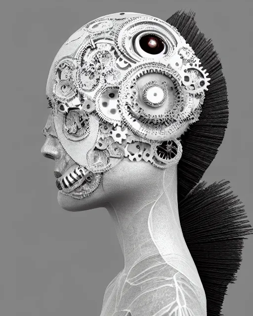 Image similar to black and white dreamy foggy smoky profile face portrait, one silver steampunk eye biomechanical beautiful young female cyclope - cyborg - robot bust, body ribs meshes,, volumetric light, hibiscus flowers, by hg giger, rim light, by dora maar and cecile beaton, big gothic fashion pearl embroidered collar, 8 k