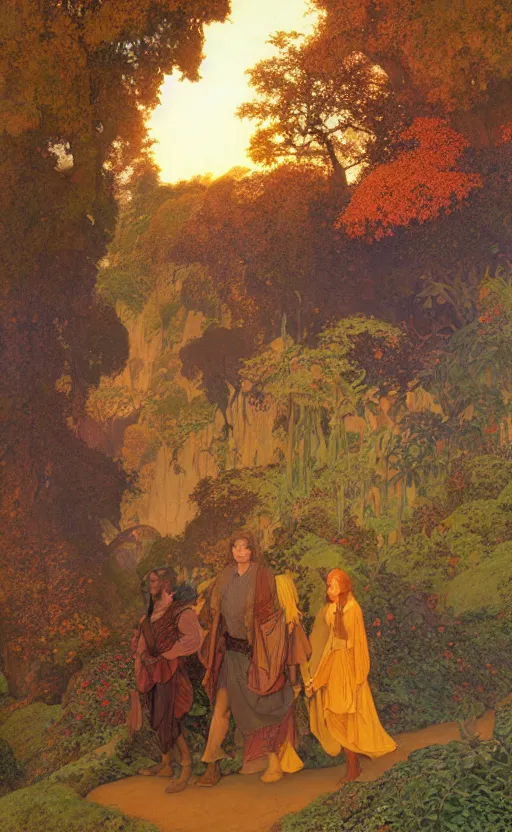 Image similar to adventurers journeying into Rivendell at sunset in the autumn, by Maxfield Parrish, Mucha, Donato Giancola, Thomas Kincade, and James Gurney