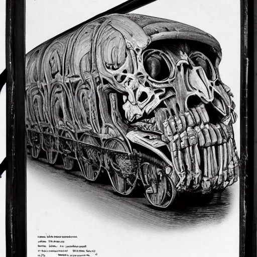 Prompt: boxcar made of human meat and bone, biomechanical railroad, highly detailed, War Photography, Pushead art, by H.R. Giger