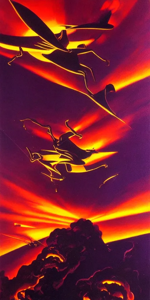 Image similar to hyperrealistic iridescent intricate zmeu spitting fire and flying through the sky at sunset syd mead dali dramatic lighting