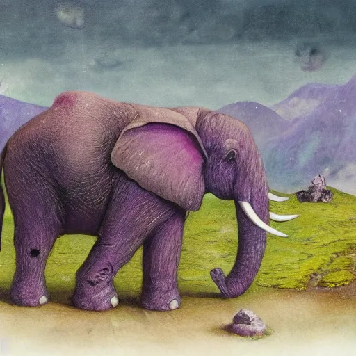 Prompt: purple elephant running stuck in a cave, close up camera angle, raining, mountain behind meadow, menacing, illustration, detailed, smooth, soft, cold, by Adolf Lachman, Shaun Tan, Surrealism