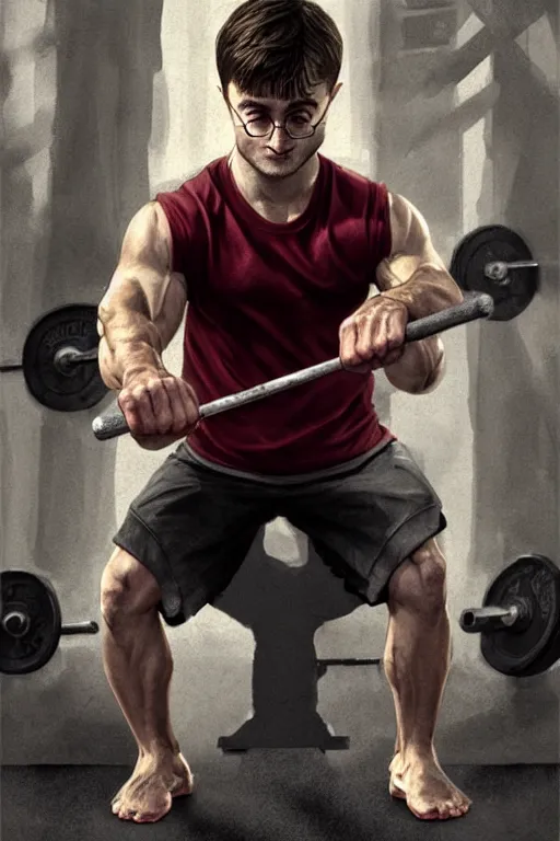 Image similar to highly detailed rendering of Daniel Radcliffe as Harry Potter doing barbell back squats, dingy workout gym, wearing a muscle tee shirt, muscular deep squats, symmetrical, highly detailed, digital painting, artstation, concept art, smooth, sharp focus, illustration, cinematic lighting, art by artgerm and greg rutkowski and alphonse mucha