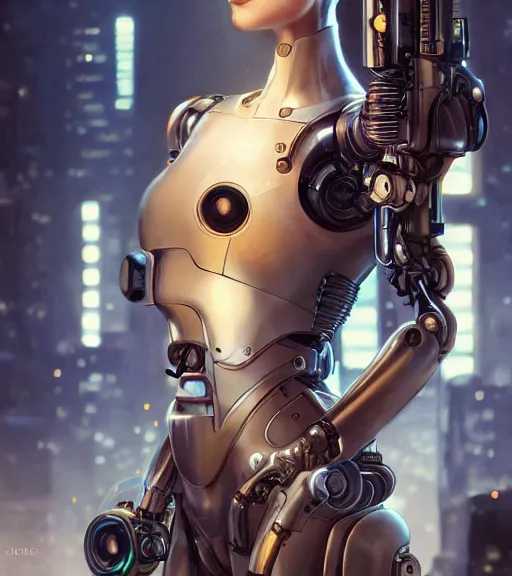 Image similar to ultra realistic full shot of a beautiful cyborg girl with mechanical arms, cyberpunk, sci - fi, fantasy, kodak, colour led, soft light, volumetric lighting, night, intricate, elegant, highly detailed, digital painting, artstation, concept art, smooth, sharp focus, illustration, art by artgerm and greg rutkowski and alphonse mucha