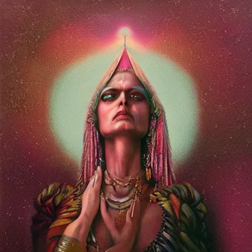 Image similar to old Indian majestic lady, looking upwards with hands clasped, despair, pink and gold, mystic, by Anato Finnstark, Tom Bagshaw, Brom