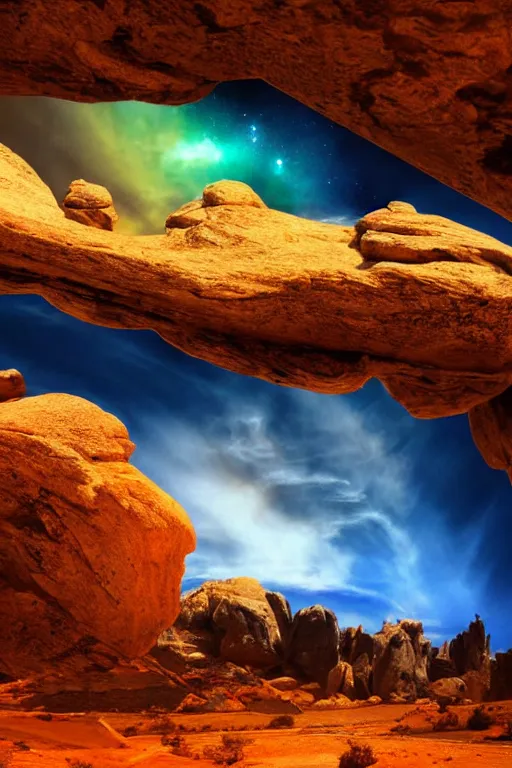 Prompt: futuristic rocky desert landscape cosmic sky