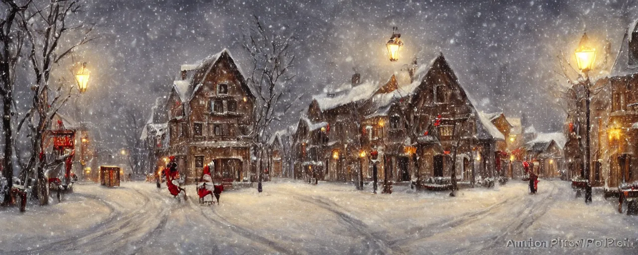 Prompt: christmas mood in a snowy village by Antoni Piotrowski