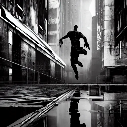 Image similar to a highly detailed epic cinematic black and white cyberpunk artwork photograph inspired by Henri Cartier-Bresson's Behind Gare Saint-Lazare, man jumping over a puddle of water. World Press Photo winner, enhanced and corrected in Photoshop, octane render, excellent composition, cinematic atmosphere, dynamic dramatic cinematic lighting, aesthetic, very inspirational, arthouse