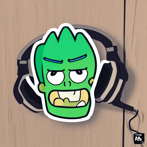 Image similar to a pickle-rick, svg sticker, vector art, wearing headphones, jamming to music