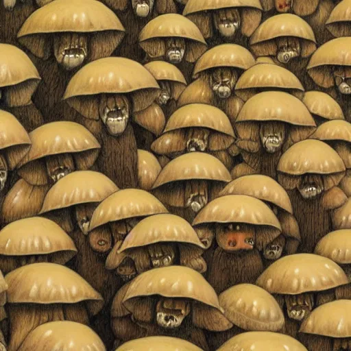 Image similar to a hyperrealistic painting of an army of angry mushrooms, by john kenn mortensen, highly detailed,