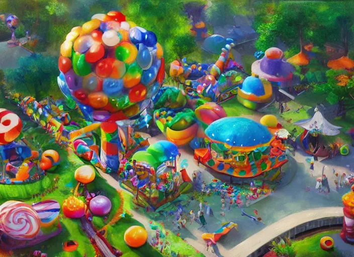 Image similar to candy zoo park for a game candy themed, top angle, oil painting by jama jurabaev, extremely detailed, brush hard, artstation, for aaa game, high quality, brush stroke