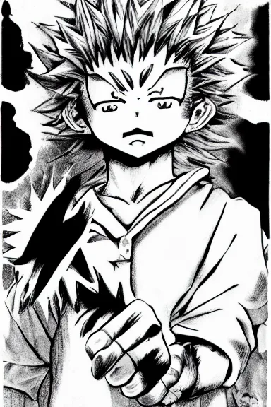 Image similar to salvage little boy in lion suit, black and white artwork made by kentaro miura and yoshihiro togashi