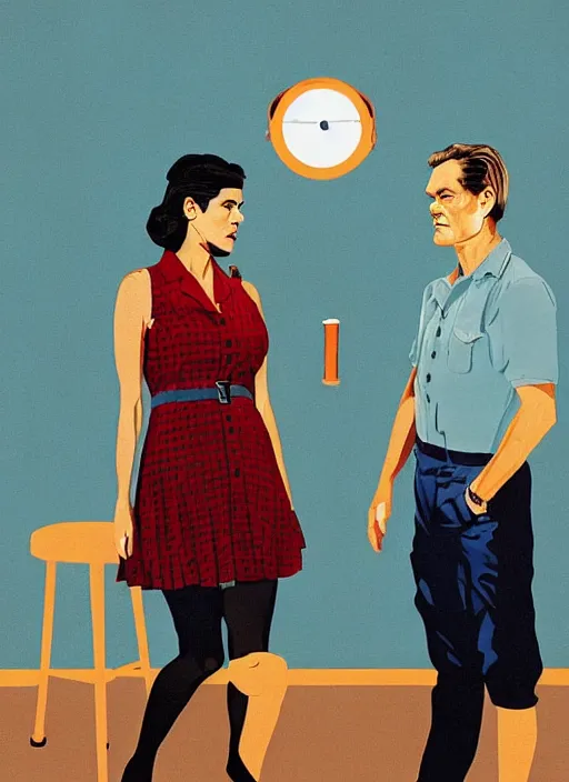 Image similar to Twin Peaks art, of Michael Shannon dressed as mechanic talking to Jennifer Connelly wearing light blue diner waitress dress, poster artwork by James Edmiston, from scene from Twin Peaks, simple illustration, domestic, nostalgic, from scene from Twin Peaks, clean, New Yorker magazine cover