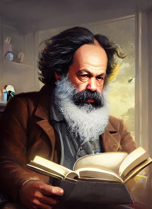 Image similar to highly detailed portrait karl marx reading a book in gta v, stephen bliss, unreal engine, fantasy art by greg rutkowski, loish, rhads, ferdinand knab, makoto shinkai and lois van baarle, ilya kuvshinov, rossdraws, tom bagshaw, global illumination, radiant light, detailed and intricate environment