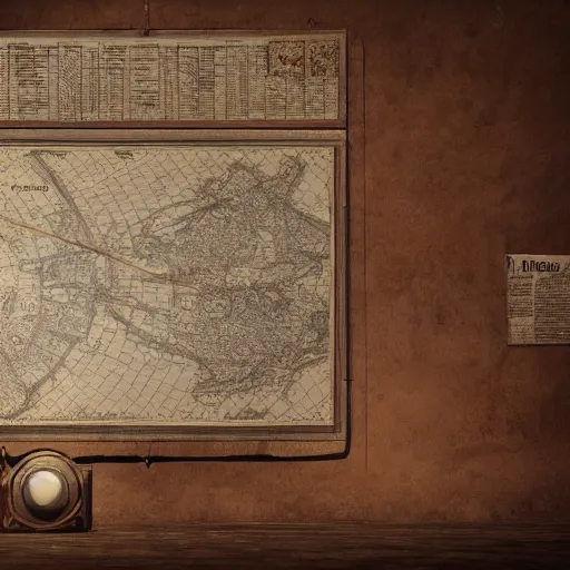 Prompt: an old map sitting on a table surrounded by small aparatus and compass, daylight, hyperdetailed, sharp, artstation, 3 d render, ray tracing