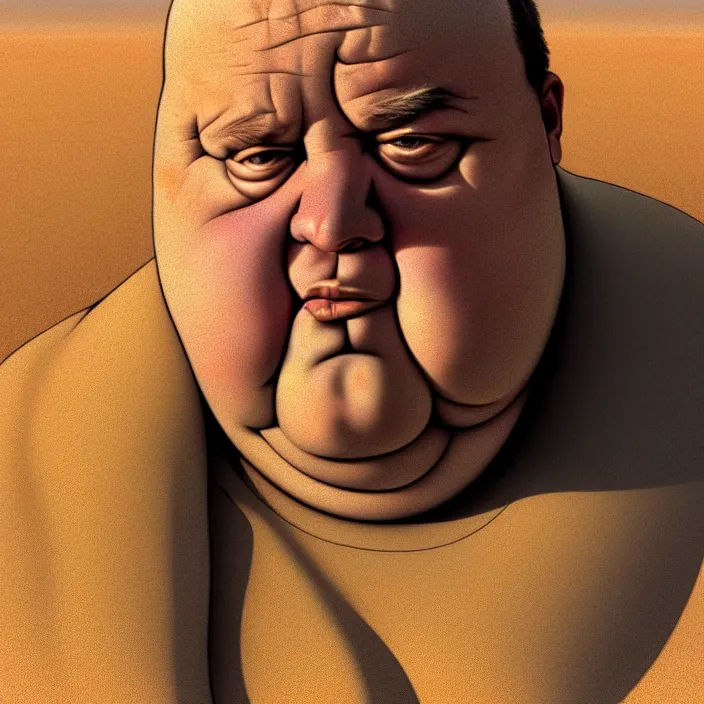 Image similar to hyperrealistic mixed media portrait of a moridly obese man using an ATM machine in the middle of a barren desert wasteland, despair, depressing and hopeless vibe, stunning 3d render inspired art by P. Craig Russell and Barry Windsor-Smith + perfect facial symmetry + dim volumetric lighting, 8k octane beautifully detailed render, post-processing, extremely hyperdetailed, epic composition, grim yet sparkling atmosphere, cinematic lighting + masterpiece, trending on artstation