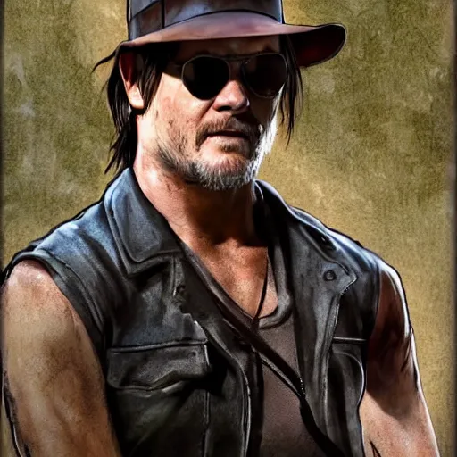 Image similar to norman reedus as indiana jones, rendered in 3 d