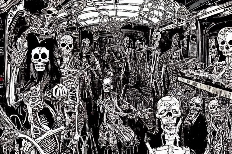 Image similar to scene from interior of a subway car, lunch, day of all the dead, skeletons, artwork by philippe druillet