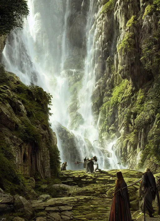 Image similar to medieval adventurers in lord of the rings scenery landscape, inside an enormous overgrown cathedral, waterfall, reflections, magic portal in the sky, highly detailed, cinematic lighting, perfect composition, 4 k, gustave dore, derek zabrocki, greg rutkowski, belsinski, octane render, cgi