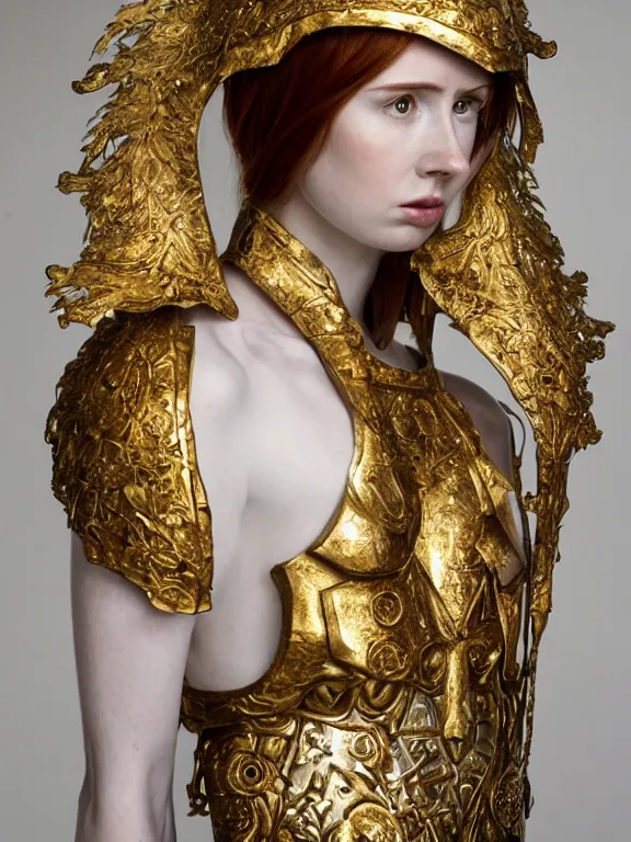 Image similar to a dramatically lit art nouveau white marble head and torso sculpture of a worried young karen gillan as joan of arc, wearing intricate gold plate armor on her chest, delicate, intricate, smooth, beautiful, glowing, by charles van der stappen